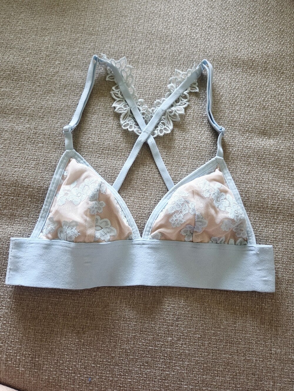 Pink Victoria's Secret Light Blue Bralette with Nude Cups and Lace Racerback